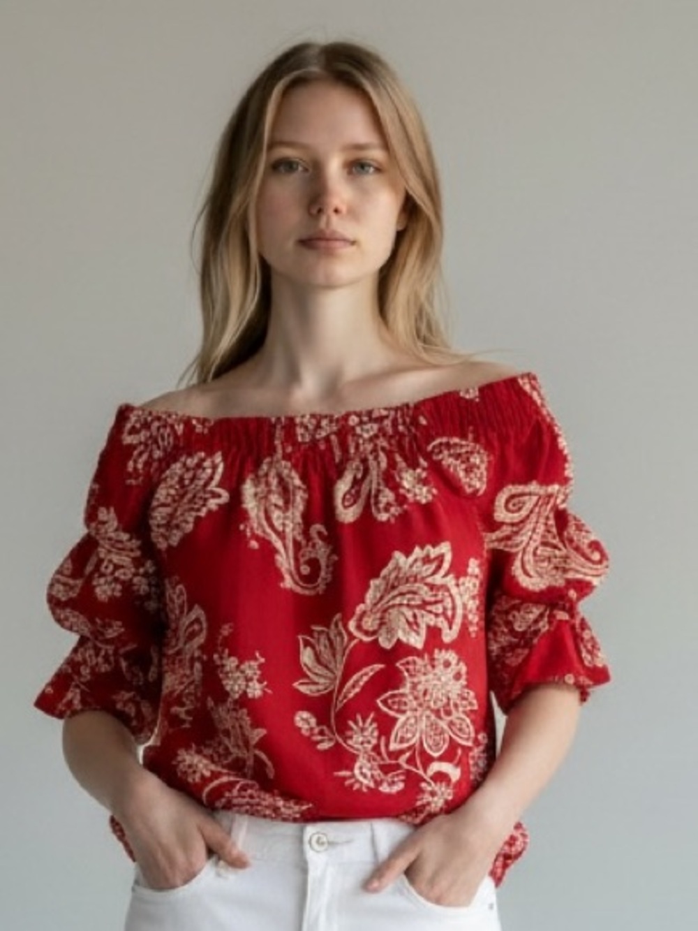 Vince Camuto Red Paisley Off Shoulder Ruched Puff Sleeve Tie Hem Blouse XL